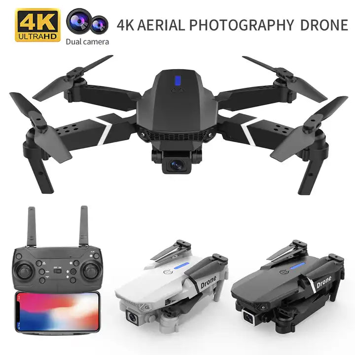 Cheap Beginner Drone 10 Minutes 4 Axis WiFi Flight Controller LED Dual Camera 4K Video VTOL E88 Pro RC Drones